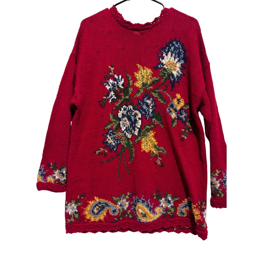Marisa Christina Classics Red Hand Knitted Floral Sweater sz L Cottagecore boho